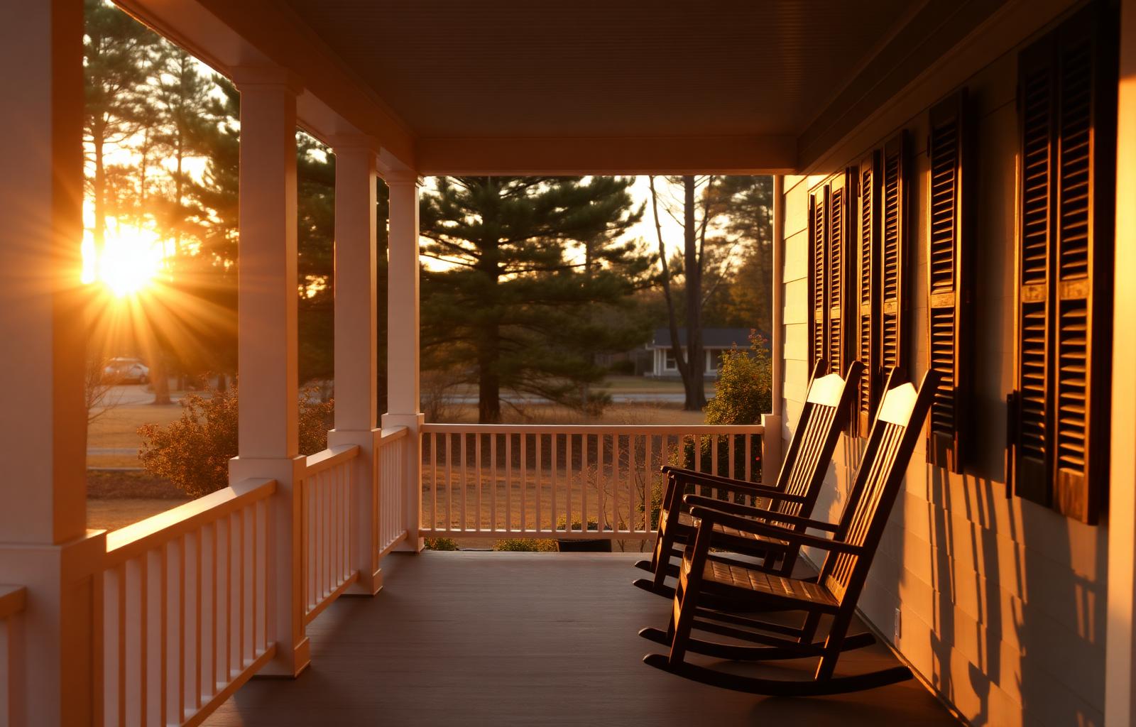 A welcoming Southern porch in Durham at sunset